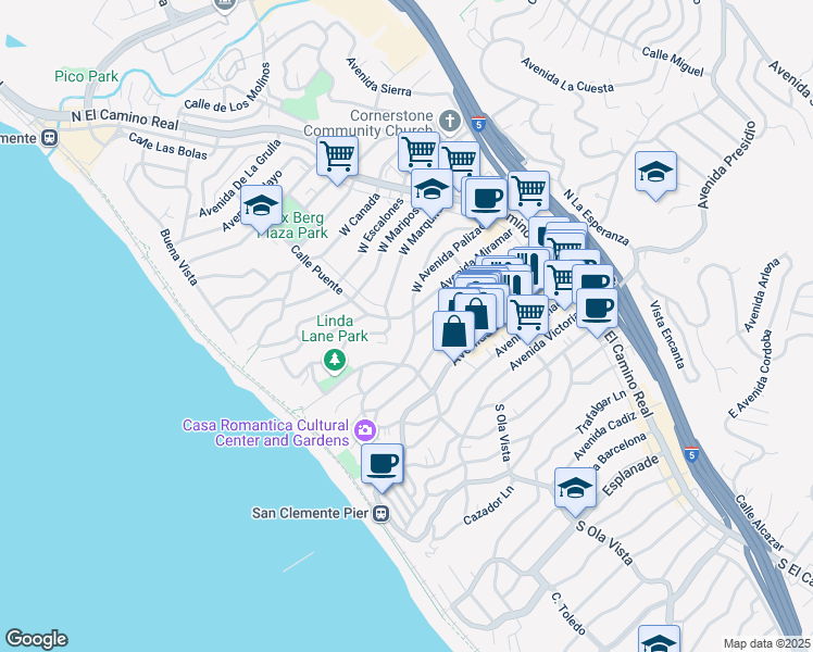 map of restaurants, bars, coffee shops, grocery stores, and more near 240 West Avenida Palizada in San Clemente
