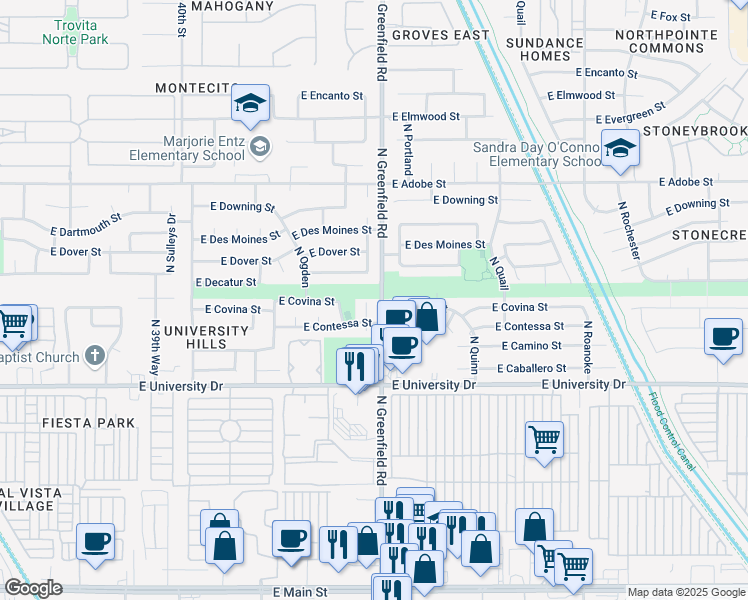 map of restaurants, bars, coffee shops, grocery stores, and more near 551 North Orlando Circle in Mesa
