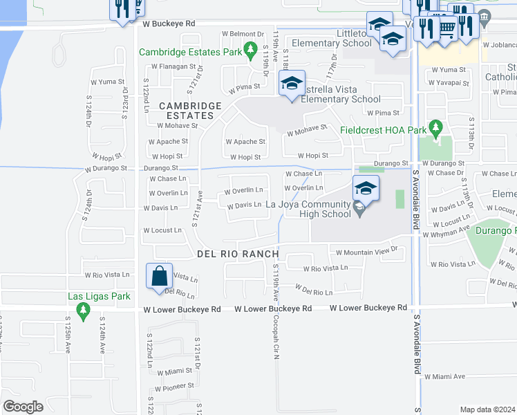 map of restaurants, bars, coffee shops, grocery stores, and more near 11963 West Davis Lane in Avondale