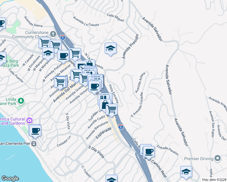 map of restaurants, bars, coffee shops, grocery stores, and more near in San Clemente