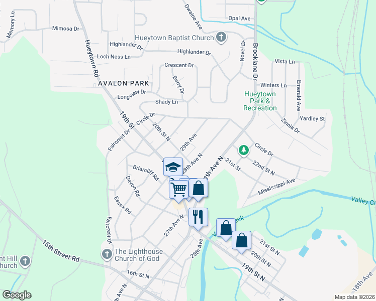 map of restaurants, bars, coffee shops, grocery stores, and more near 2011 29th Avenue in Hueytown