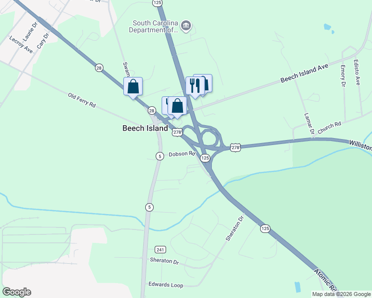 map of restaurants, bars, coffee shops, grocery stores, and more near 114-194 Dobson Road in Beech Island