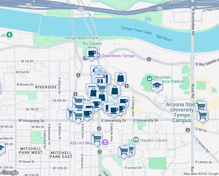 map of restaurants, bars, coffee shops, grocery stores, and more near 30 East 5th Street in Tempe