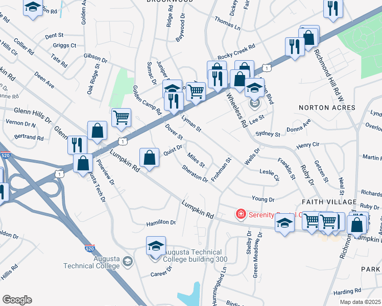 map of restaurants, bars, coffee shops, grocery stores, and more near 2545 Miles Street in Augusta
