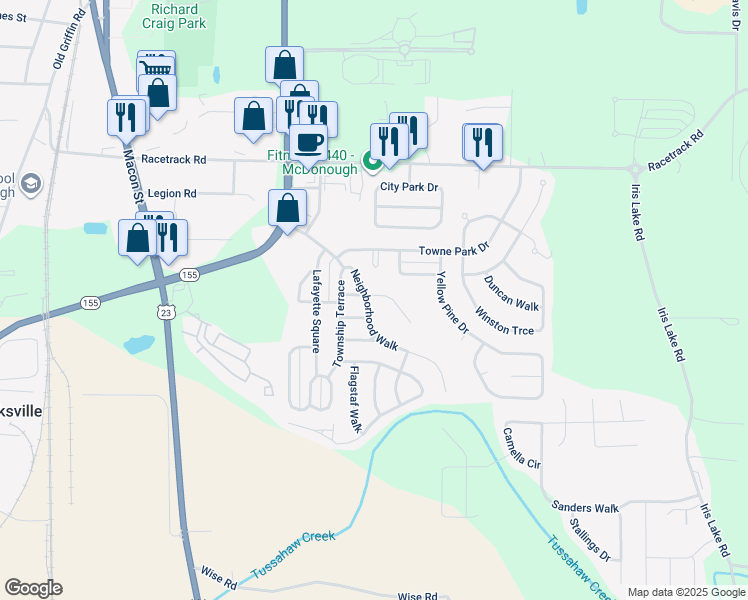 map of restaurants, bars, coffee shops, grocery stores, and more near 1600 Neighborhood Walk in McDonough