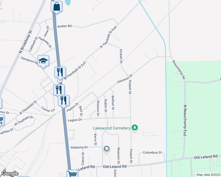 map of restaurants, bars, coffee shops, grocery stores, and more near 1198 Thornton Street in Greenville