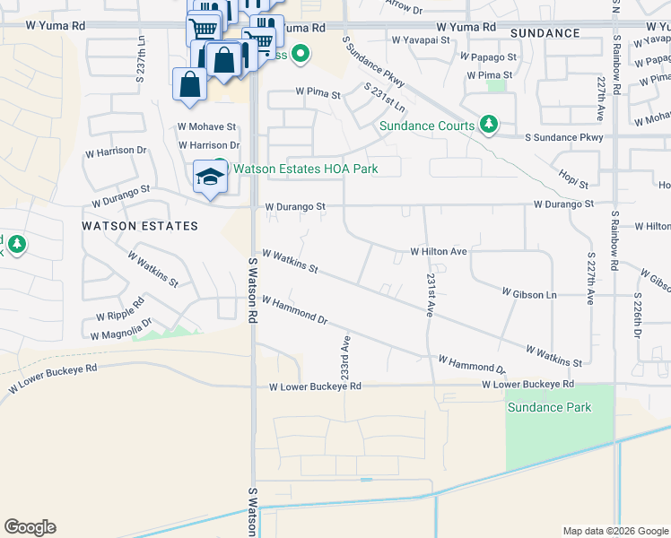 map of restaurants, bars, coffee shops, grocery stores, and more near 23332 West Watkins Street in Buckeye