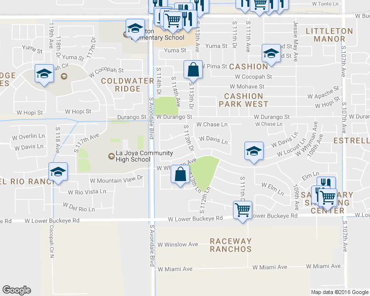 map of restaurants, bars, coffee shops, grocery stores, and more near 11359 West Davis Lane in Avondale