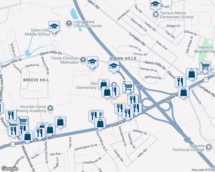 map of restaurants, bars, coffee shops, grocery stores, and more near 2838 Glenn Hills Drive in Augusta