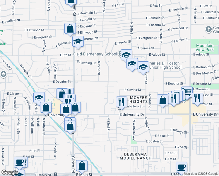 map of restaurants, bars, coffee shops, grocery stores, and more near 549 North 22nd Place in Mesa