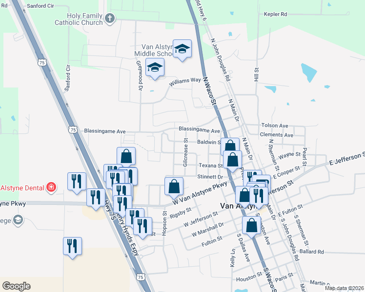 map of restaurants, bars, coffee shops, grocery stores, and more near 660 Gilcrease Street in Van Alstyne