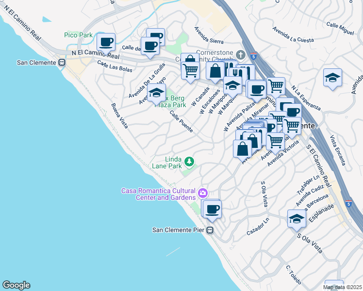map of restaurants, bars, coffee shops, grocery stores, and more near 227 West Mariposa in San Clemente