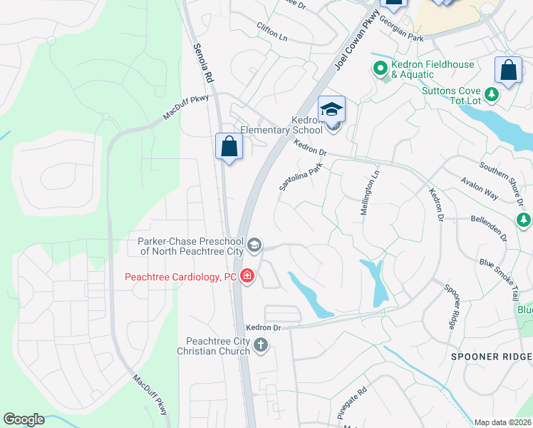 map of restaurants, bars, coffee shops, grocery stores, and more near 127 Santolina Park in Peachtree City