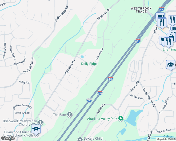 map of restaurants, bars, coffee shops, grocery stores, and more near 2640 Alta Glen Drive in Vestavia Hills