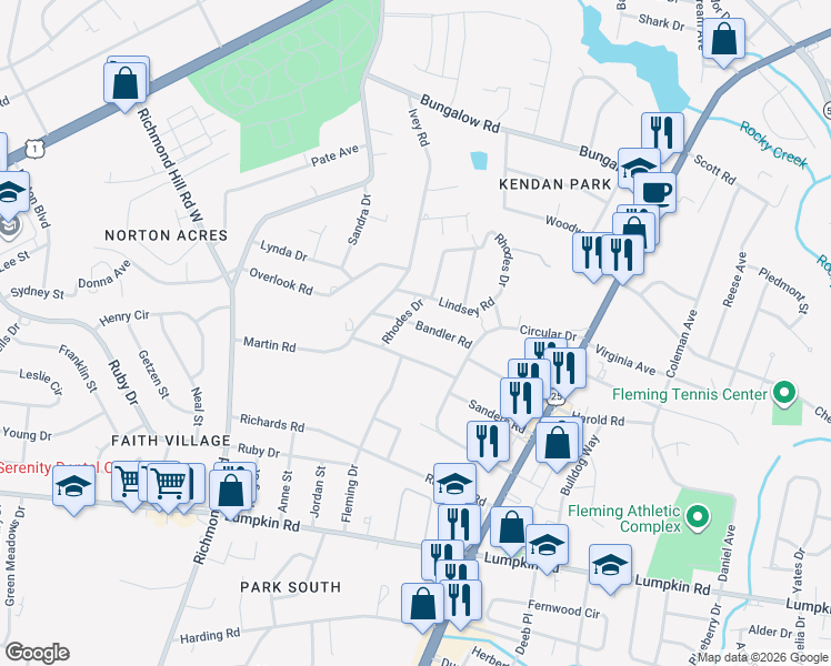 map of restaurants, bars, coffee shops, grocery stores, and more near 2220 Bandler Road in Augusta