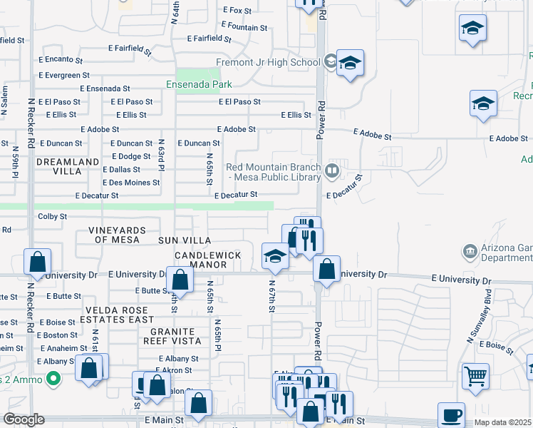 map of restaurants, bars, coffee shops, grocery stores, and more near 536 North Power Road in Mesa