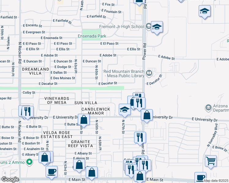 map of restaurants, bars, coffee shops, grocery stores, and more near 6610 East University Drive in Mesa