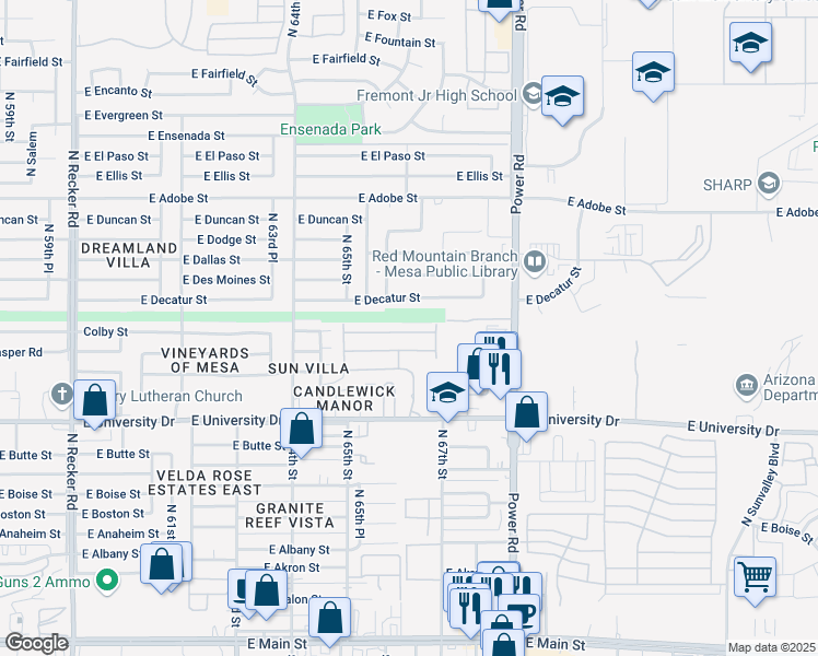 map of restaurants, bars, coffee shops, grocery stores, and more near 6610 East University Drive in Mesa