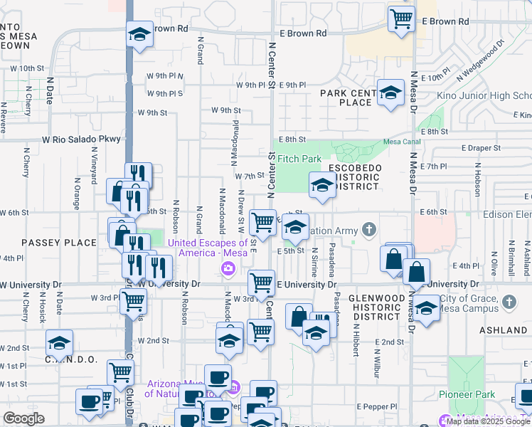 map of restaurants, bars, coffee shops, grocery stores, and more near 603 North Center Street in Mesa