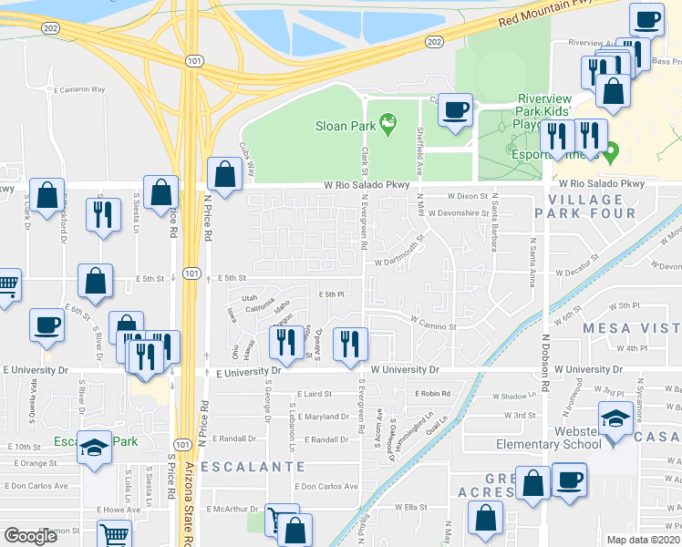 map of restaurants, bars, coffee shops, grocery stores, and more near 280 South Evergreen Road in Tempe