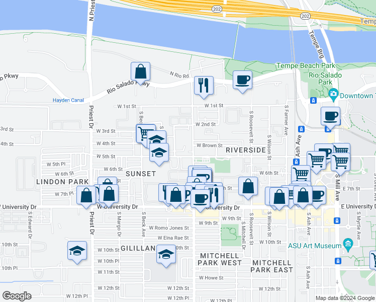 map of restaurants, bars, coffee shops, grocery stores, and more near 1000 West 5th Street in Tempe