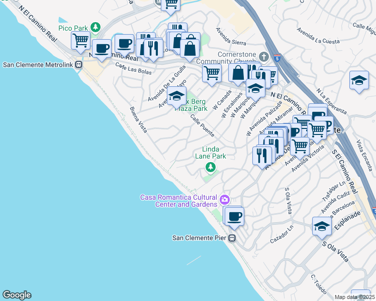 map of restaurants, bars, coffee shops, grocery stores, and more near 236 West Escalones in San Clemente