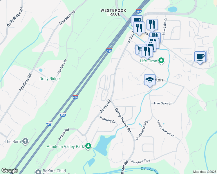 map of restaurants, bars, coffee shops, grocery stores, and more near 2582 Acton Park Lane in Birmingham