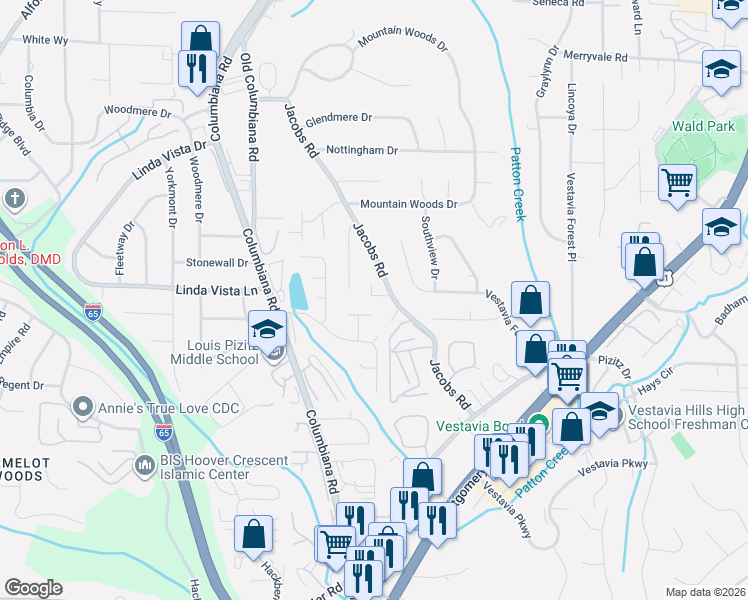 map of restaurants, bars, coffee shops, grocery stores, and more near 1515 Jacobs Circle in Vestavia Hills