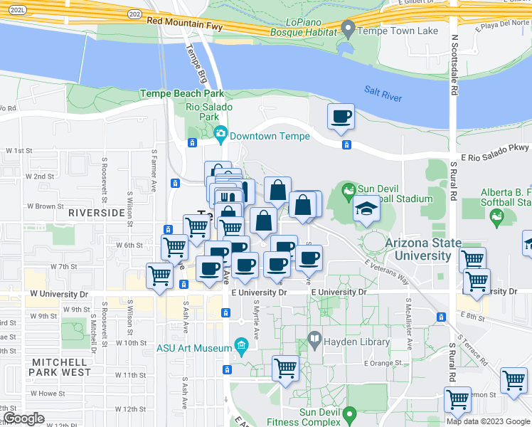 map of restaurants, bars, coffee shops, grocery stores, and more near 120 East 5th Street in Tempe