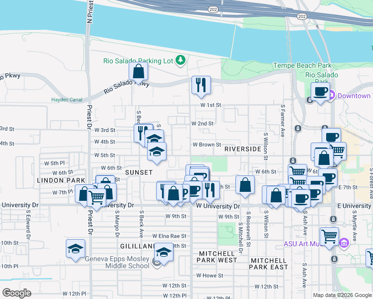 map of restaurants, bars, coffee shops, grocery stores, and more near 1000 West 5th Street in Tempe