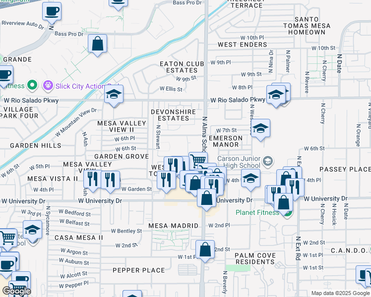 map of restaurants, bars, coffee shops, grocery stores, and more near 600 North Elm in Mesa