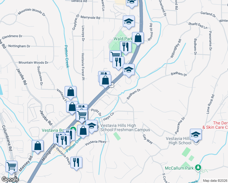 map of restaurants, bars, coffee shops, grocery stores, and more near 2080 Vestridge Circle in Vestavia Hills