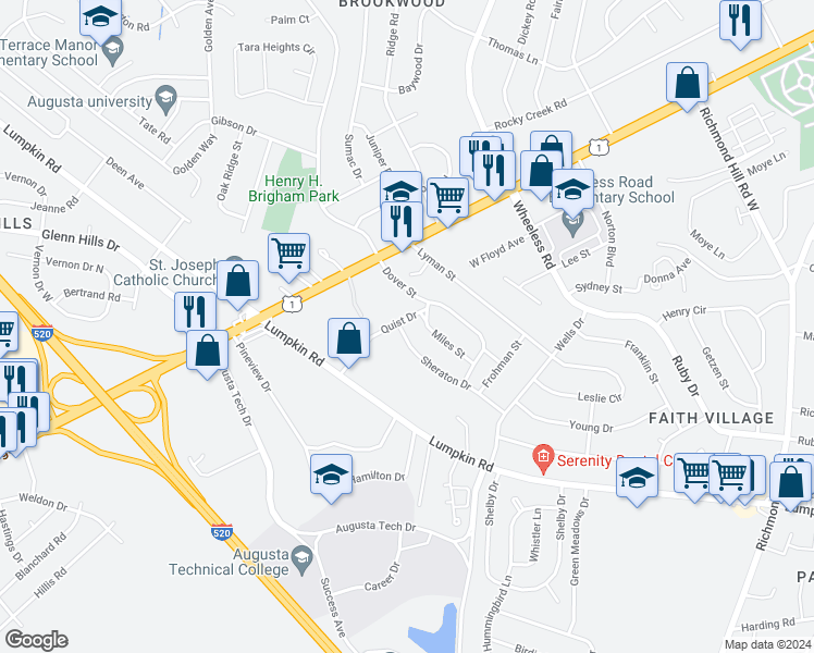 map of restaurants, bars, coffee shops, grocery stores, and more near 2551 Sheraton Drive in Augusta