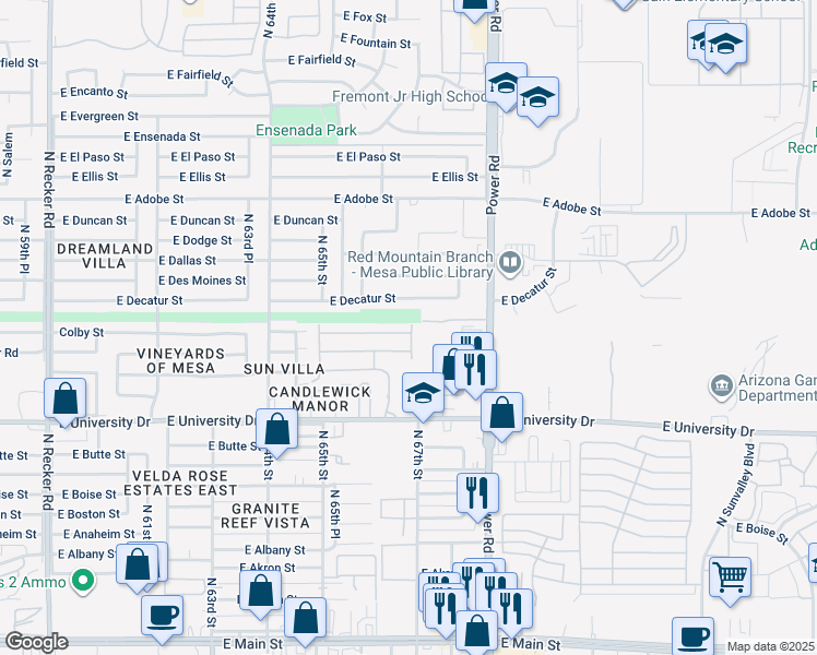 map of restaurants, bars, coffee shops, grocery stores, and more near 536 North Power Road in Mesa