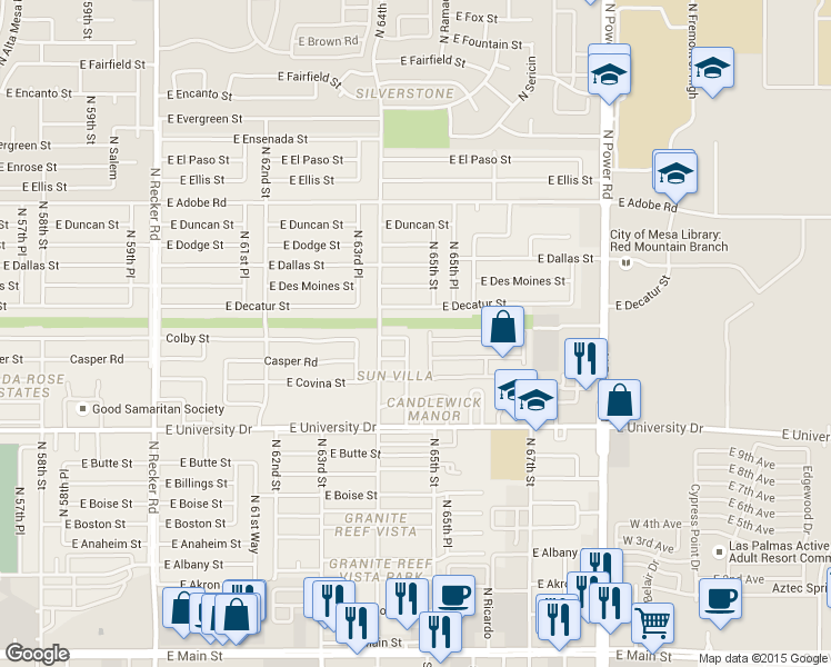 map of restaurants, bars, coffee shops, grocery stores, and more near 551 North 64th Place in Mesa
