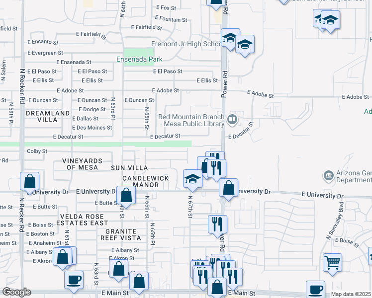 map of restaurants, bars, coffee shops, grocery stores, and more near 6610 East University Drive in Mesa