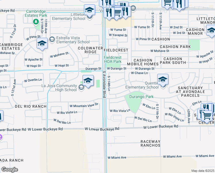 map of restaurants, bars, coffee shops, grocery stores, and more near 2218 South 114th Lane in Avondale