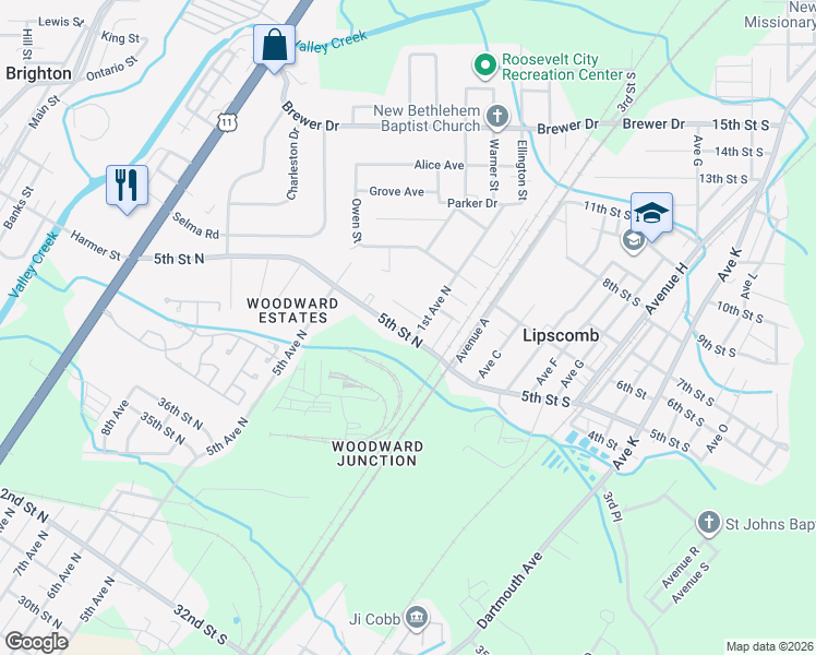 map of restaurants, bars, coffee shops, grocery stores, and more near 5103 5th Street North in Bessemer