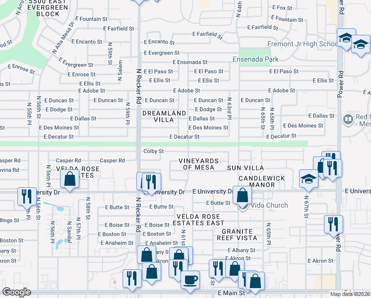 map of restaurants, bars, coffee shops, grocery stores, and more near 6160 Colby Street in Mesa