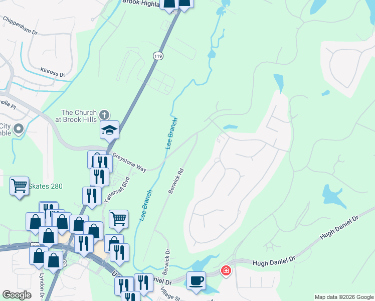 map of restaurants, bars, coffee shops, grocery stores, and more near 1115 Berwick Road in Birmingham