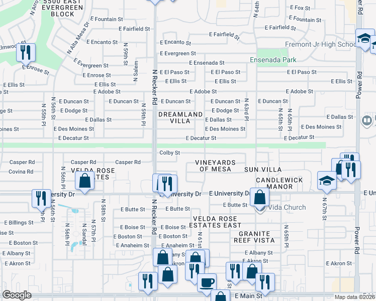 map of restaurants, bars, coffee shops, grocery stores, and more near 6122 Colby Street in Mesa