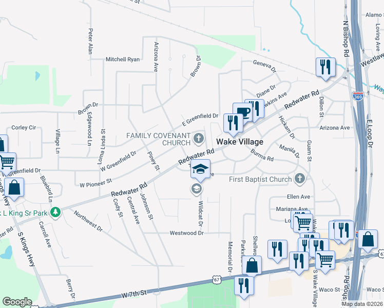 map of restaurants, bars, coffee shops, grocery stores, and more near 501 Old Redwater Road in Wake Village