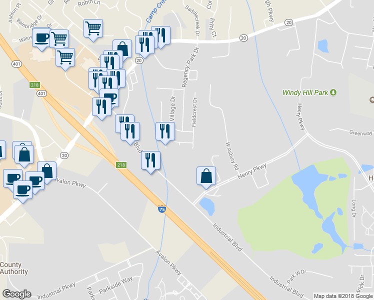 map of restaurants, bars, coffee shops, grocery stores, and more near 646 Fieldcrest Drive in McDonough