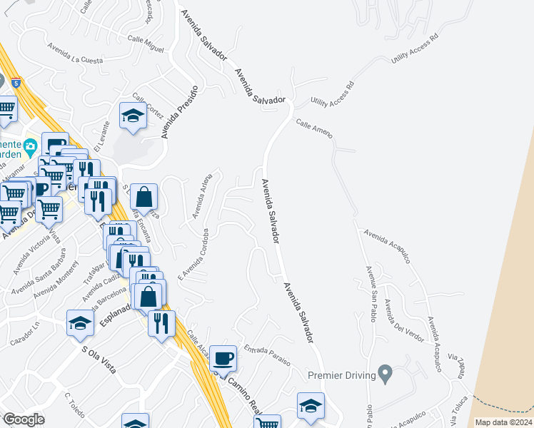 map of restaurants, bars, coffee shops, grocery stores, and more near 900 Avenida Salvador in San Clemente