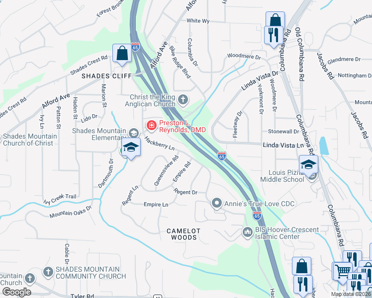 map of restaurants, bars, coffee shops, grocery stores, and more near 702 Blue Ridge Villa Drive in Birmingham