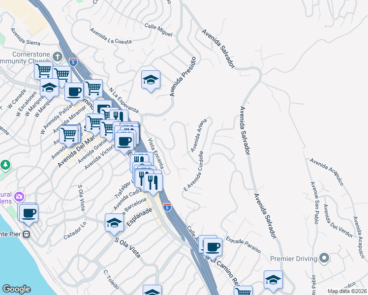 map of restaurants, bars, coffee shops, grocery stores, and more near 314 South La Esperanza in San Clemente