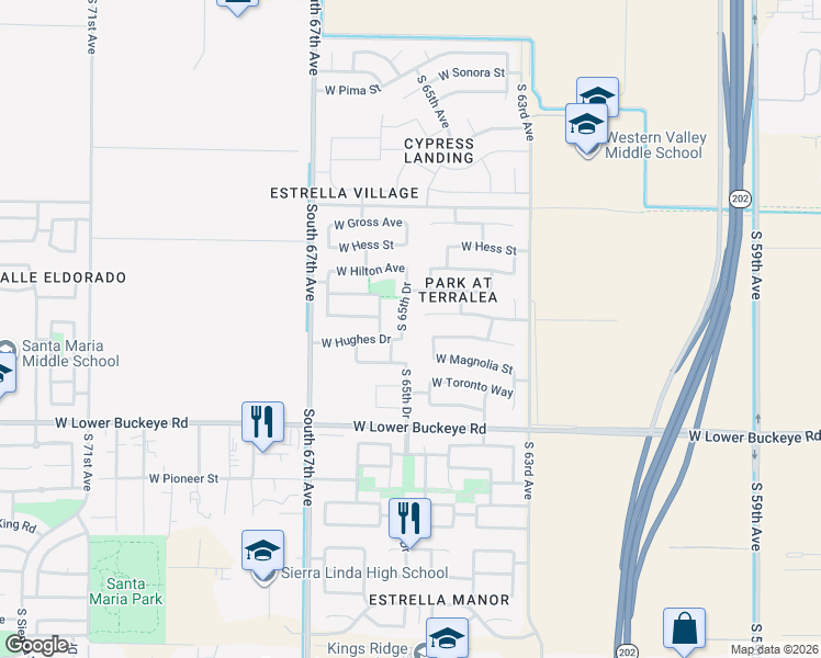 map of restaurants, bars, coffee shops, grocery stores, and more near 2417 South 65th Drive in Phoenix