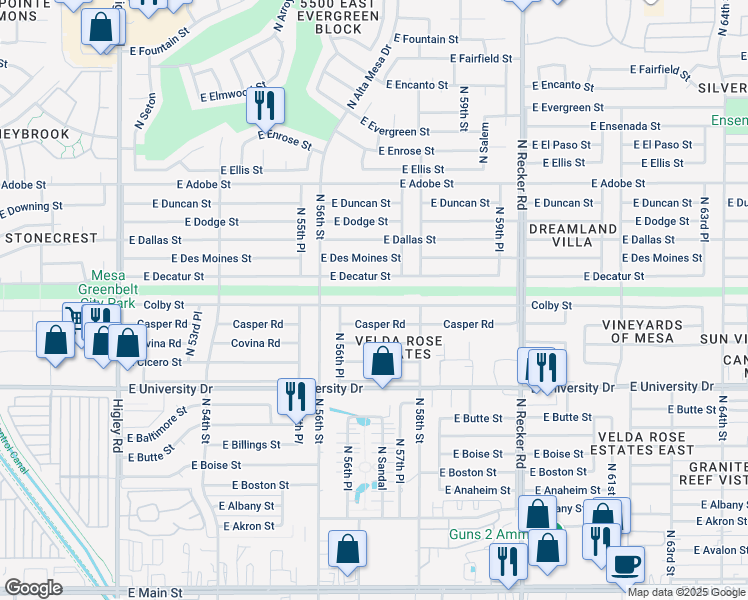 map of restaurants, bars, coffee shops, grocery stores, and more near 5702 Colby Street in Mesa