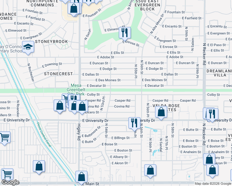 map of restaurants, bars, coffee shops, grocery stores, and more near 5416 Colby Street in Mesa