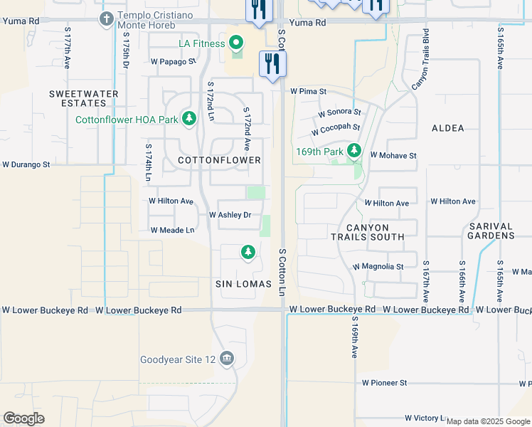 map of restaurants, bars, coffee shops, grocery stores, and more near 2293 South 171st Drive in Goodyear